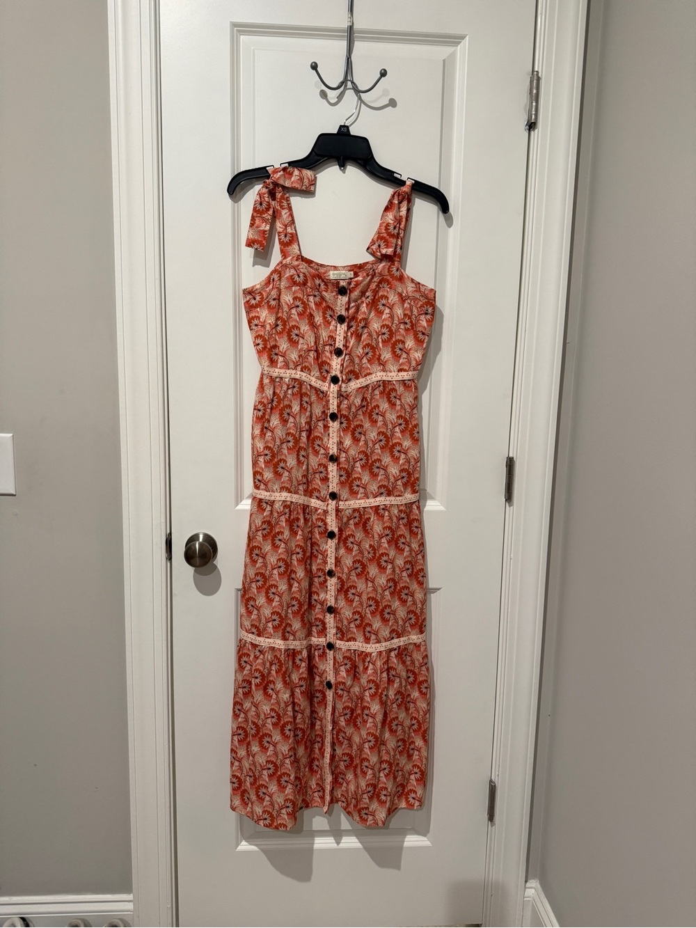 Spartina 449 Orange Printed Tie-Shoulder Button-Front Maxi Dress